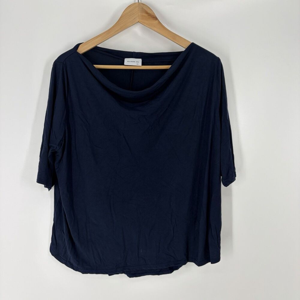 Allison Izu Top Size XS Womens Navy Cowl Neck Stretch Knit Blouse Half Sleeve
